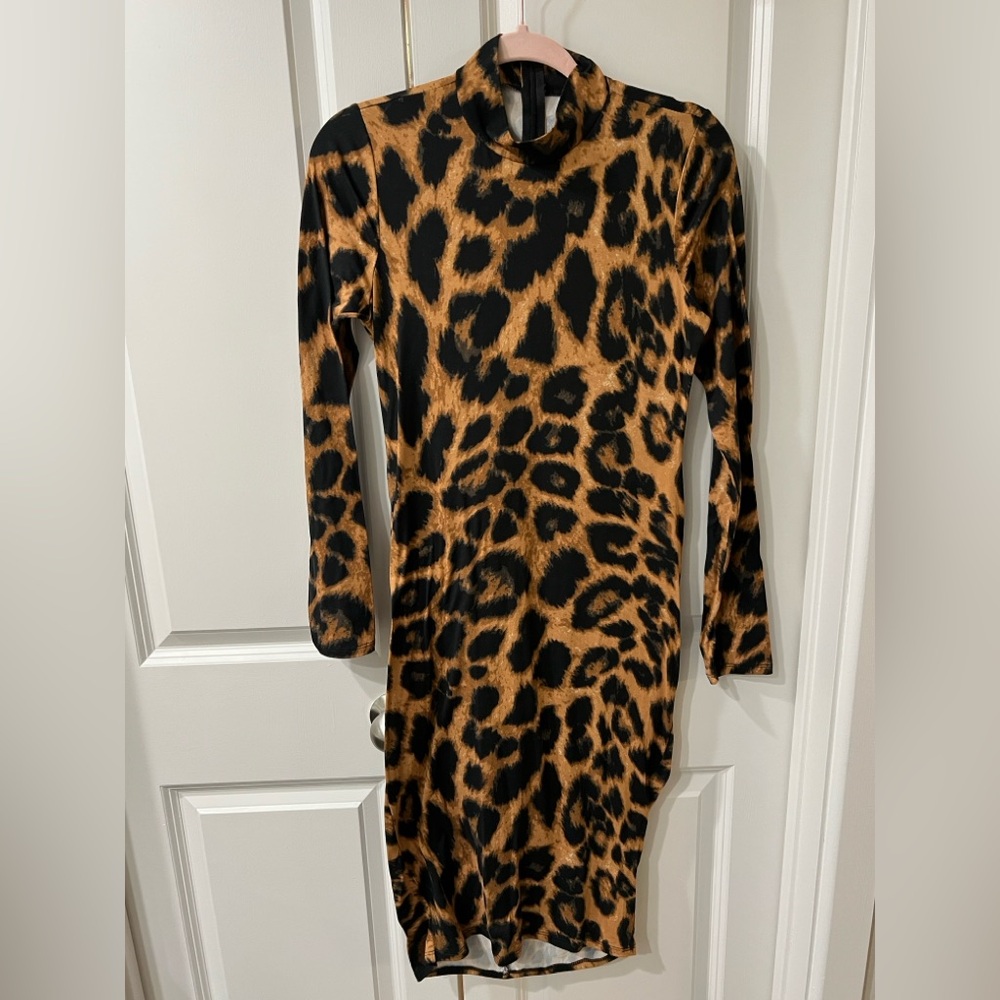 Leopard Print Bodycon Dress Size L – Long Sleeve Mock Neck